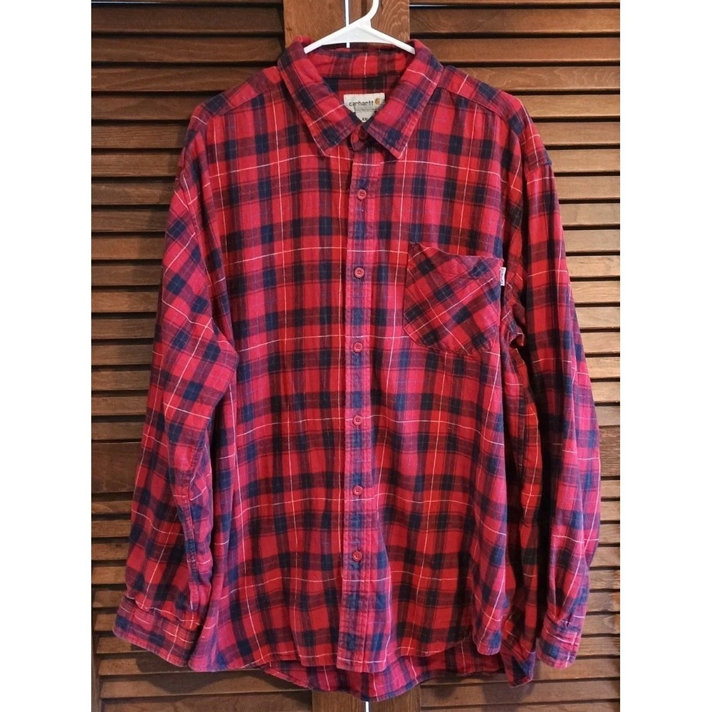 Carhartt Shirt Mens 2XL Red Plaid Flannel Button Front Long‎ Sleeve Workwear